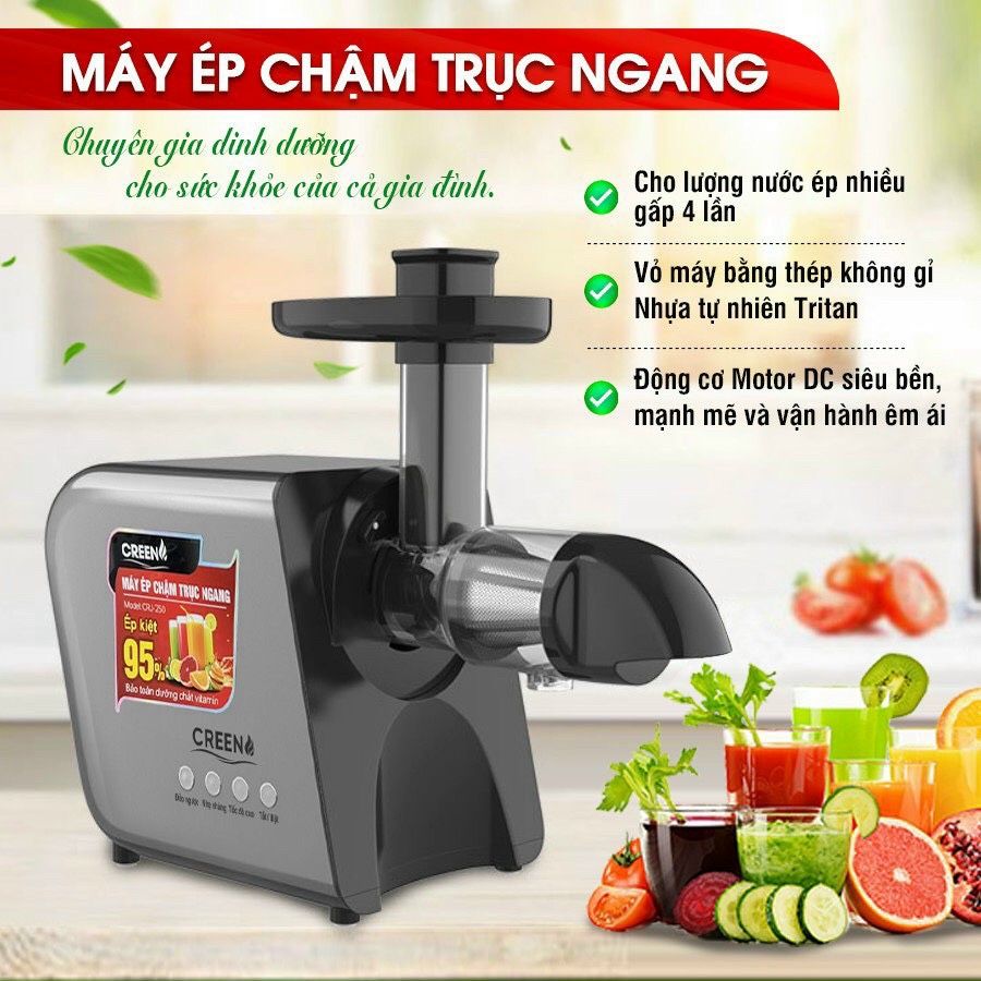 Máy Ép Chậm Trái Cây Hoa Quả Trục Ngang Creen CRJ-250, Máy Ép Tốc Độ Chậm Dung Tích 350ml - Hàng chính hãng