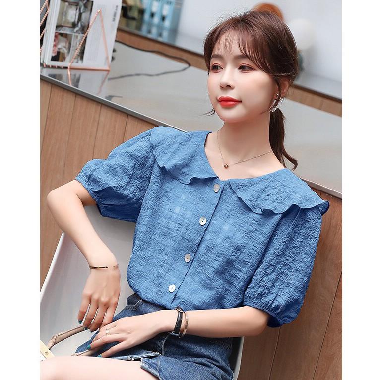 Áo Kiểu Sơ Mi Nữ Hàn Quốc Cổ Tròn Bèo Tay Phồng Công Sở Thời Trang Đẹp