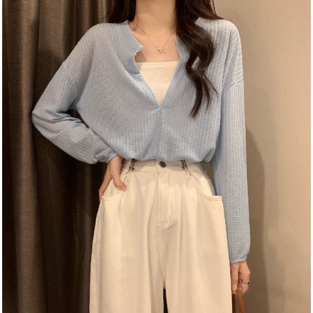 Bộ Áo Thun Hai Dây Kèm Áo Croptop Vải Tổ Ong Tay Bo Chun Dài Tay