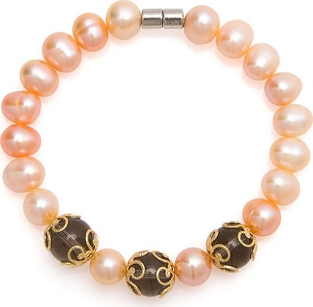 Lắc Tay Ngọc Trai Hồng Đá Thạch Anh Khói Tự Nhiên Charm Hoa 8mm