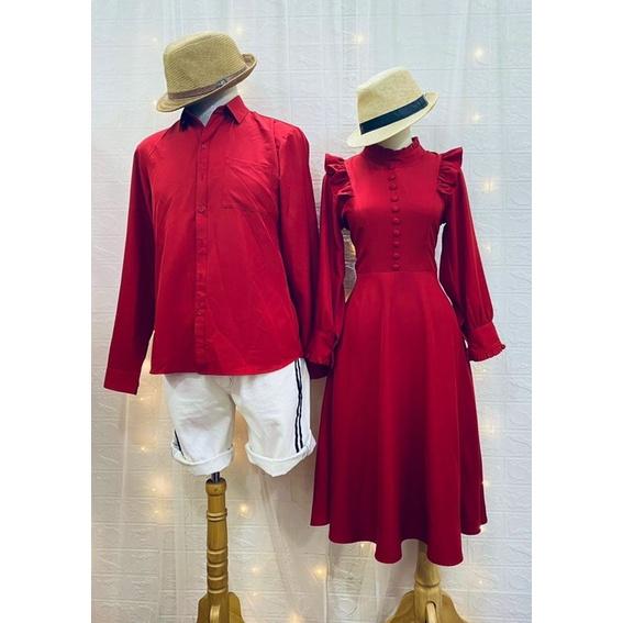 Set áo đầm đôi tình nhân màu đỏ áo sơ mi đầm tiểu thư dài tay đồ cặp Hàn Quốc- đi biển, đi chơi, chụp hình cưới - Smice House
