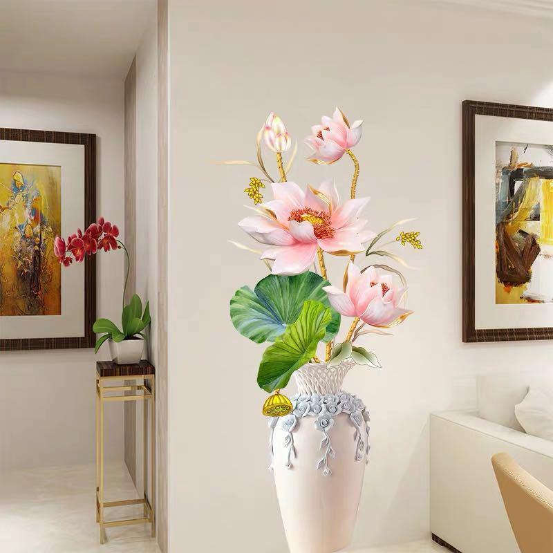 Decal dán tường Bình hoa 3D sen hồng SIÊU ĐẸP 01