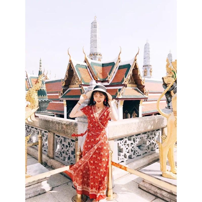 Váy Du Lịch Đỏ Thổ Cẩm Boho Buộc Eo Cộc Tay
