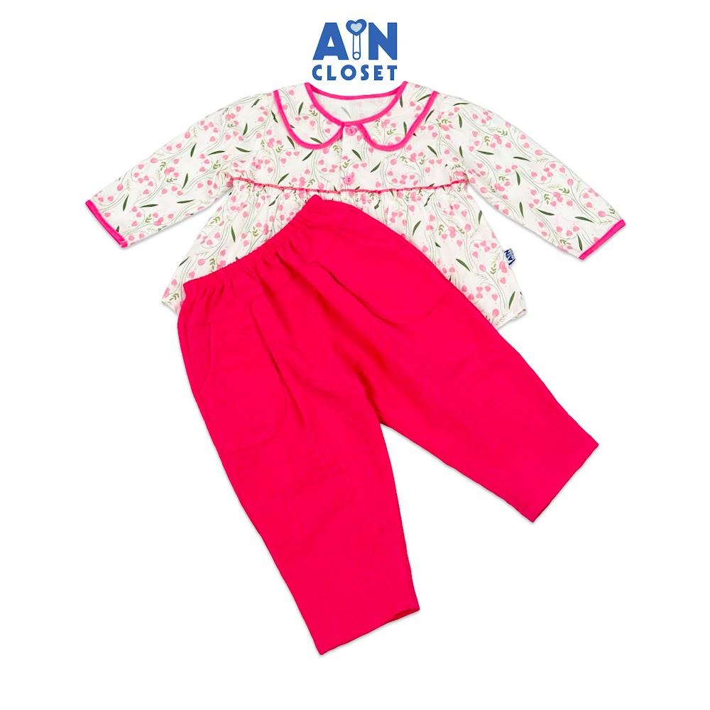 Bộ quần áo Dài bé gái họa tiết Hoa Nhí Hồng cổ sen cotton - AICDBGNFZKOO - AIN Closet