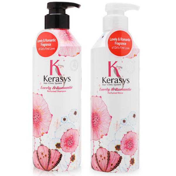 Cặp dầu gội/xả nước hoa Kerasys Lovely &amp; Romantic hương hoa nhài, cúc Hàn Quốc 600ml + Móc khoá