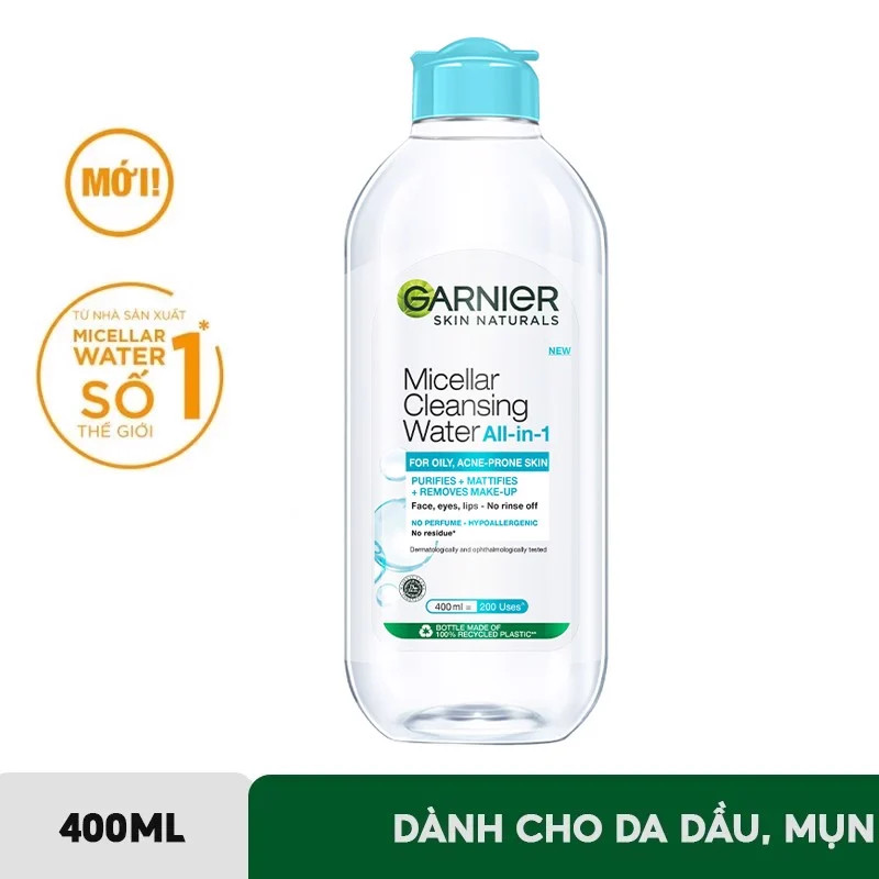 [GARNIER] Nước Tẩy Trang Cho Da Dầu Mụn, Hỗn Hợp Làm Sạch Sâu Dịu Nhẹ Micellar Water For Oily & Acne-Prone Skin 400/125m