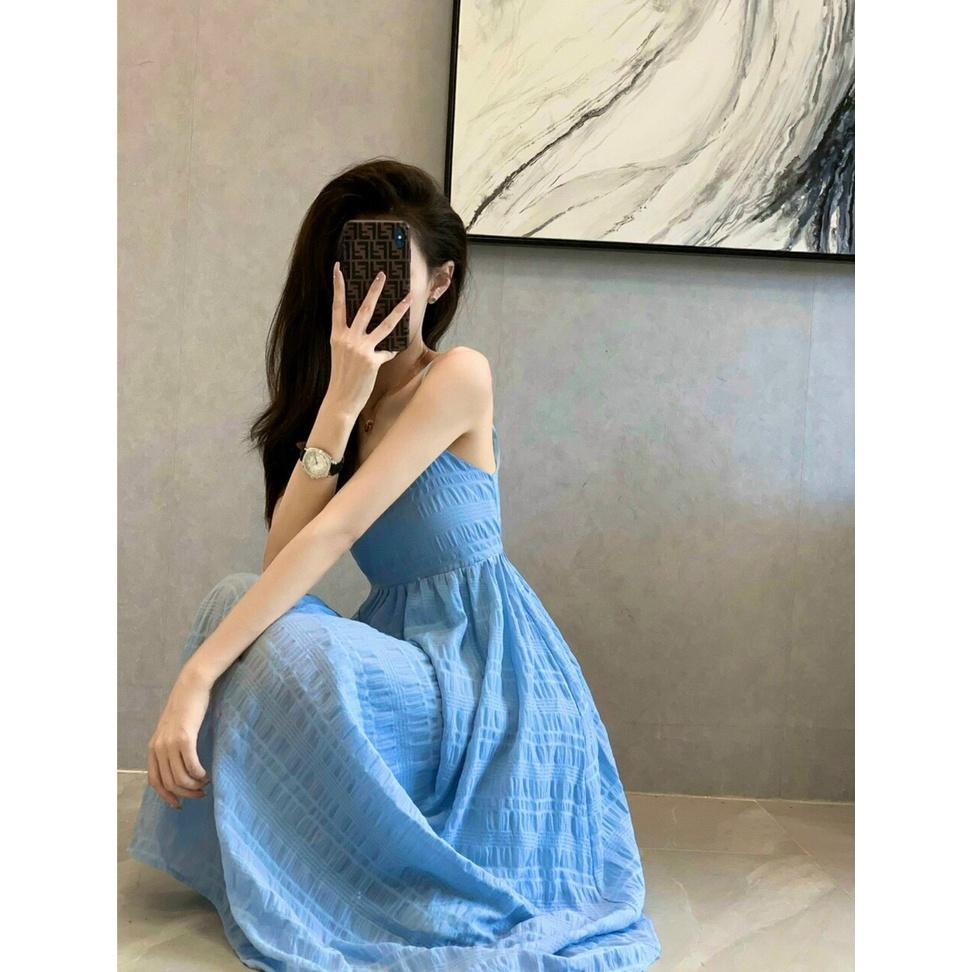 Đầm 2 dây màu xanh dương dáng xòe, Đầm maxi 2 dây dài Cao Cấp đính nút ngực, nữ tính quyến rũ MiNhi