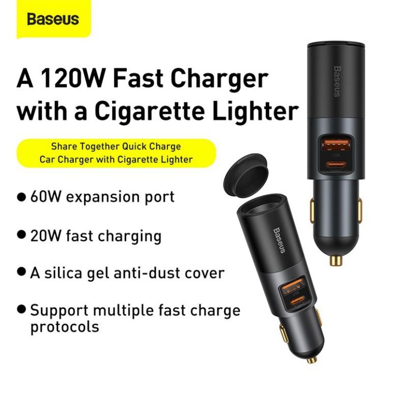 Tẩu sạc nhanh mở rộng 120W Baseus Share Together Fast Charge dùng cho xe hơi (120W, TypeC / USB Port, QC / PD3.0 Car Quick Charger with Cigarette Lighter Expansion Port ) - Hàng Chính Hãng