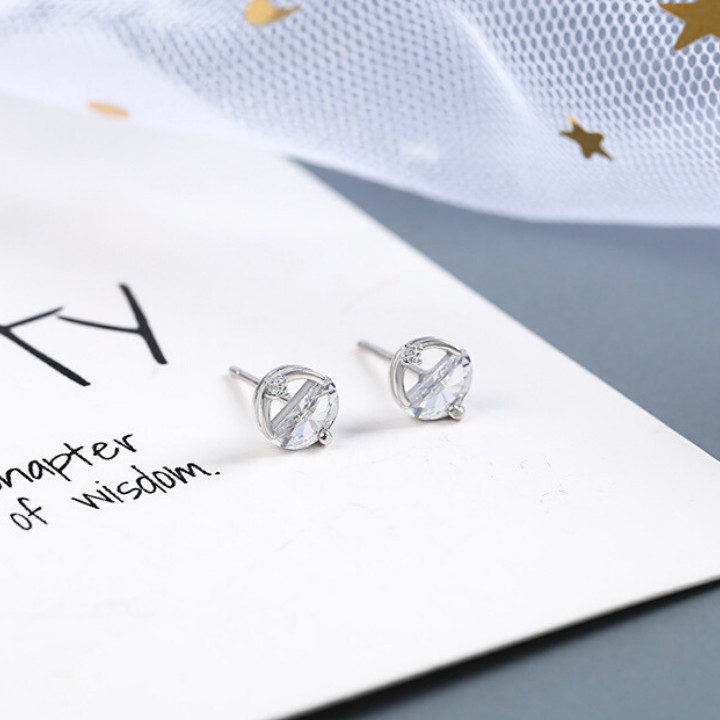 Khuyên tai bạc xinh - Bông tai Bạc Nữ 925 hình tròn đính đá
