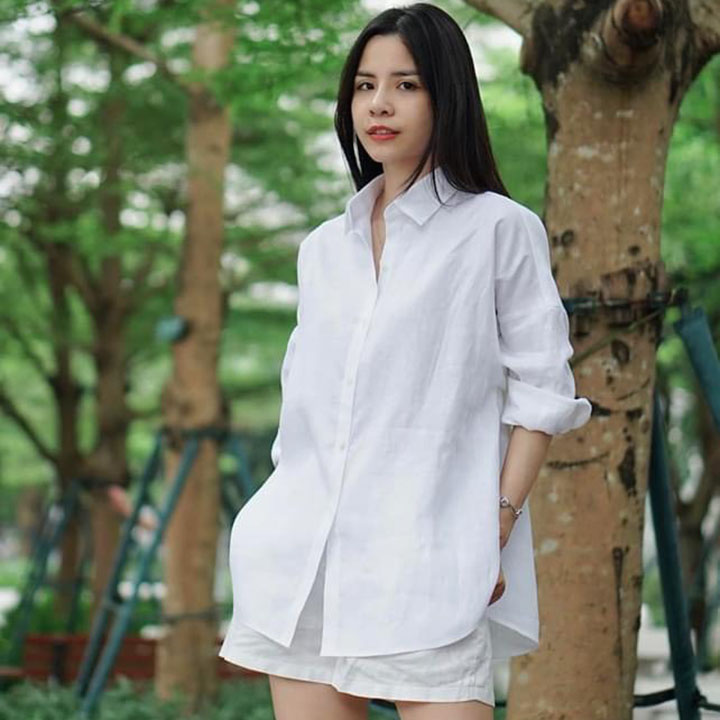 Áo sơ mi nữ form rộng trễ vai đuôi tôm vải Linen Premium trẻ trung, có 10 màu lựa chọn