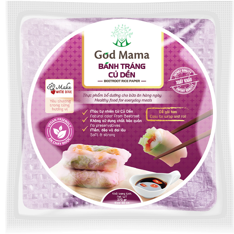 Bánh tráng củ dền God Mama - Hình vuông 16cm - Bánh tráng màu tự nhiên từ rau củ - Siêu dai, siêu dẻo, dễ cuốn hơn - Phù hợp cho những người muốn giảm cân - An toàn cho sức khỏe