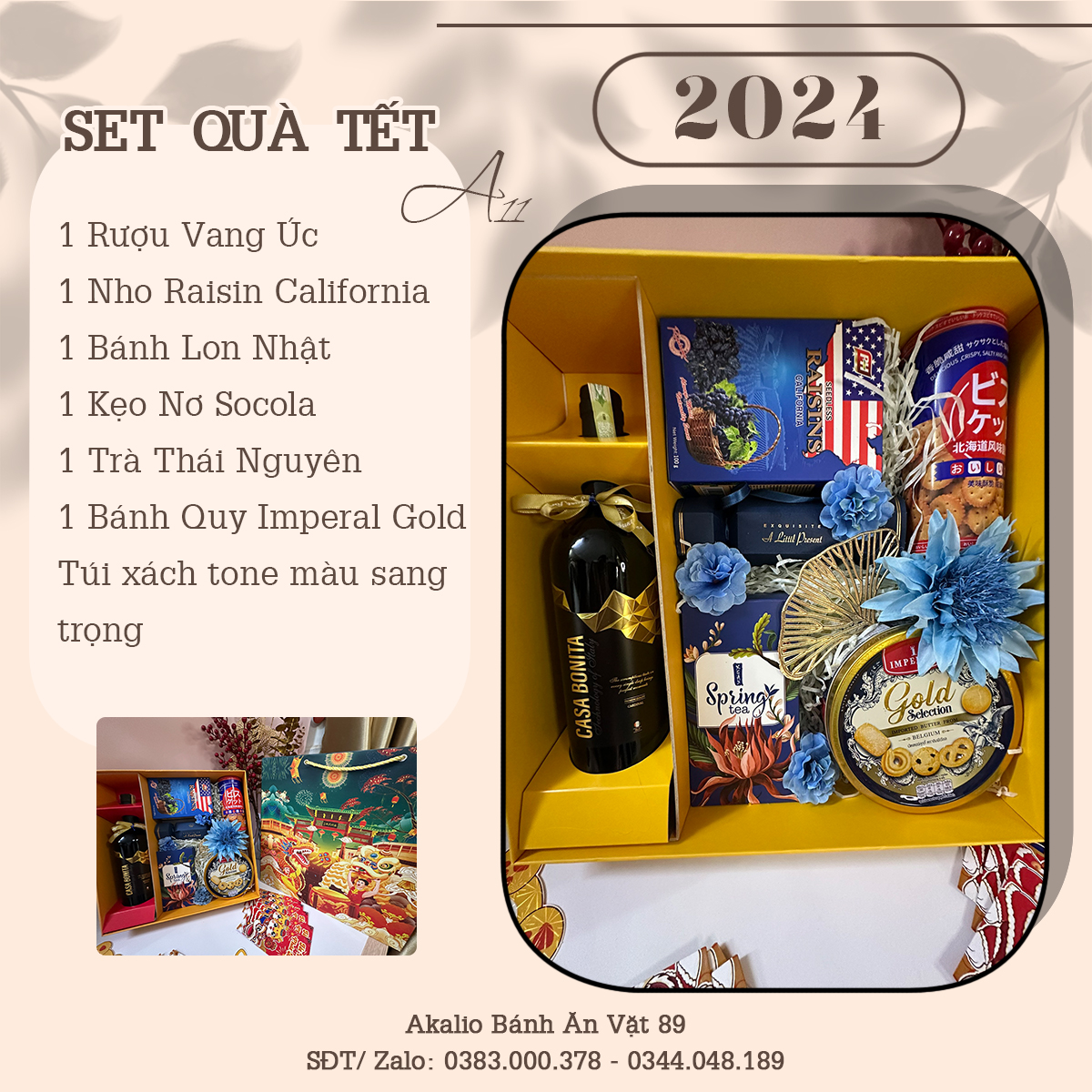 Set Hộp Quà Tết Lục Hợp Đồng Xuân Sang Trọng Thích Hợp Để Biếu Tặng Dịp Năm Mới Có Vang Đỏ, Trà, Bánh Kẹo Đủ Đầy, Ý Nghĩa