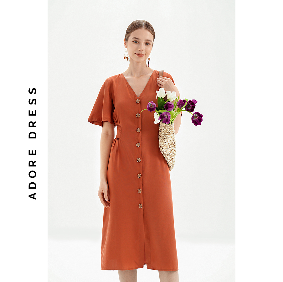 Đầm midi Dresses thô mềm cam cháy hàng khuy sừng 311DR2048 ADORE DRESS