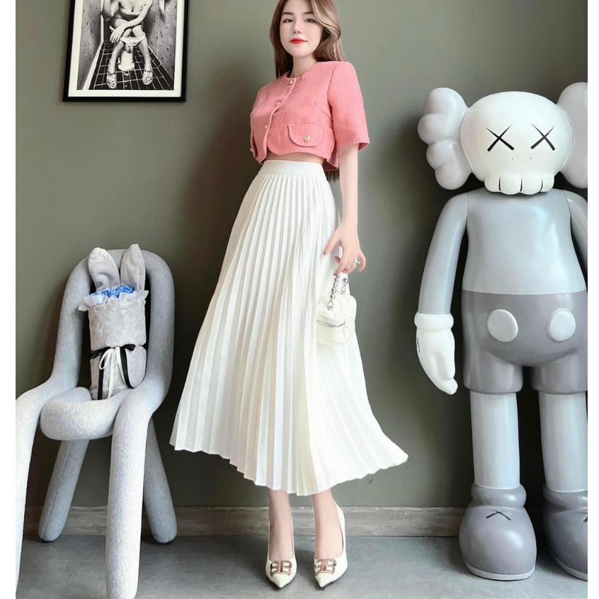 Sét áo croptop nút bọc + Chân váy dài dập ly đi chơi siêu sang trọng CSB103 Thời Trang