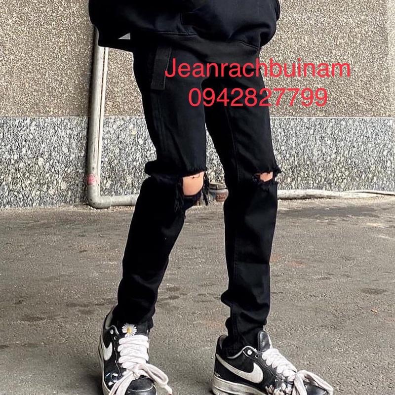 Quần Jeans Skinny Đen Rách To Ngang Gối