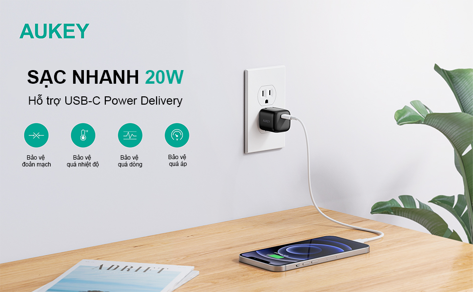 Bộ cáp và củ sạc Iphone hiệu Aukey PA-B1pro và CB-Cl3, 20w dài 0.9m - hàng chính hãng