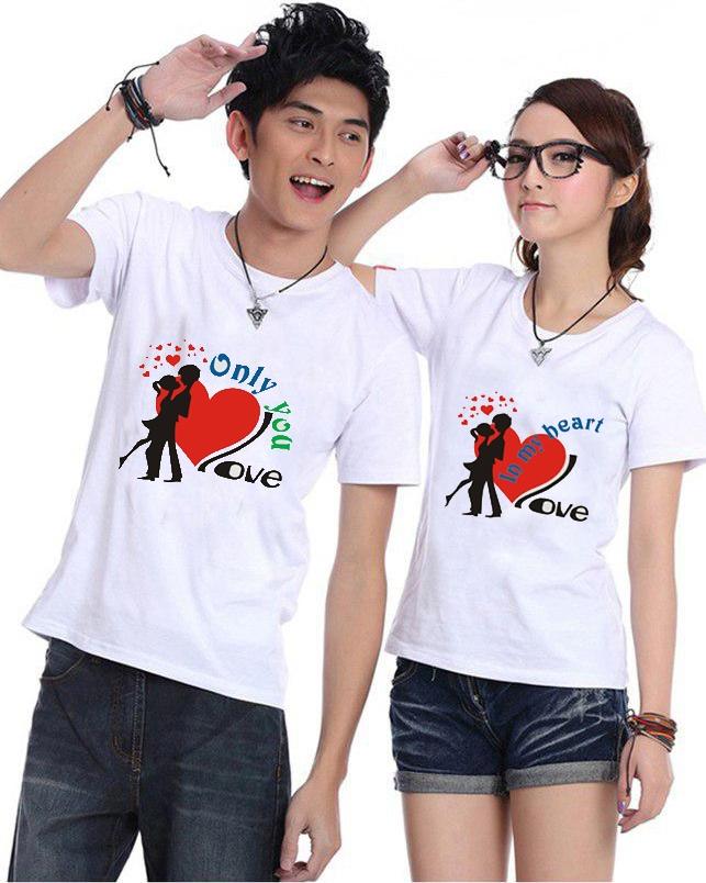Bộ Áo Thun Đôi In My Heart Màu Trắng Nam Nữ