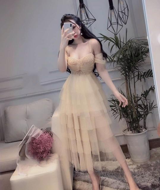 Đầm xoè trễ vai lưới kết cườm xếp tầng -MS193V- Size M/L đến 57kgMM MM