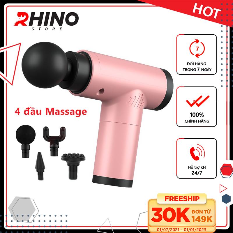 Máy massage cầm tay Rhino MG201 - 6 cấp độ, 4 đầu tiện dụng, pin sạc type C, hỗ trợ mát xa tại nhà, giảm đau, nhức mỏi cơ, cứng khớp - Hàng chính hãng