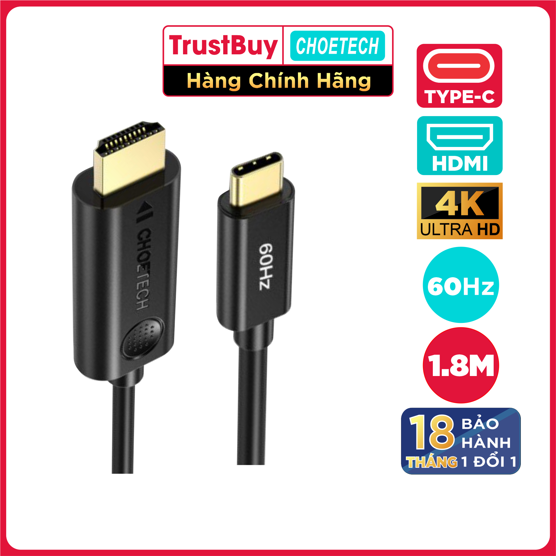 Dây Cáp Chuyển Đổi USB Type C To HDMI 4K 60Hz Dài 1.8M CHOETECH CH0019 - Hàng Chính Hãng