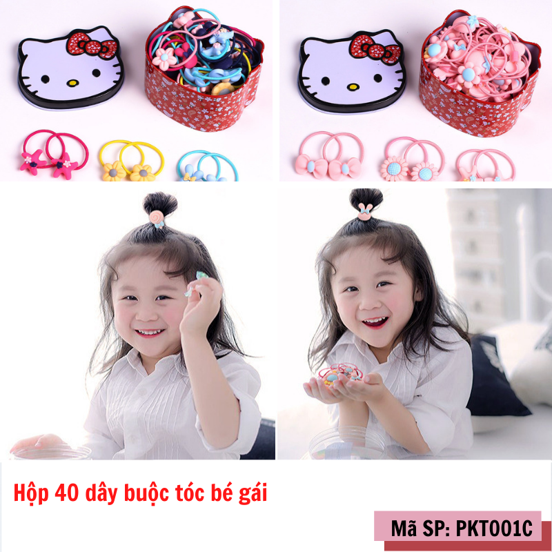 Hộp 40 dây buộc tóc bé gái hình Hello Kitty Mixi Kids PKT001C