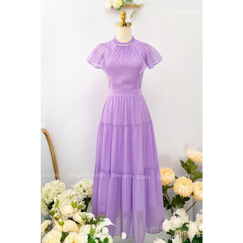 Đầm maxi voan 2 lớp cổ tròn đính cườm tay bèo xinh xắn