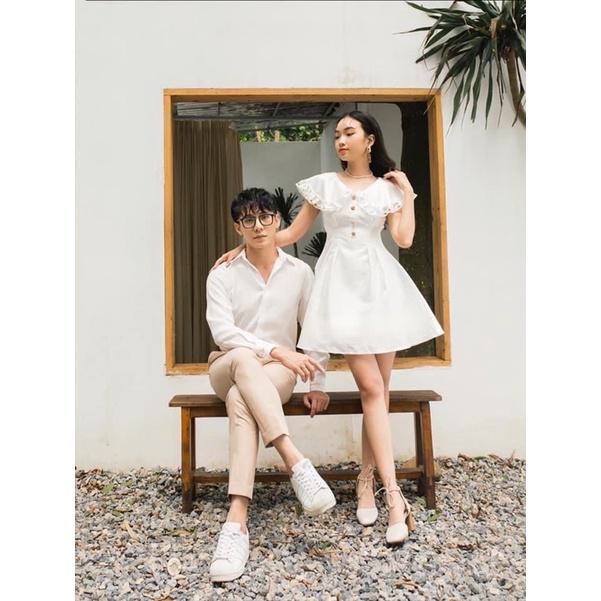 Set áo đầm đôi Hàn Quốc áo cặp tình nhân màu trắng tinh khôi đầm xòe đi biển đi chơi chụp hình cưới - Smice House