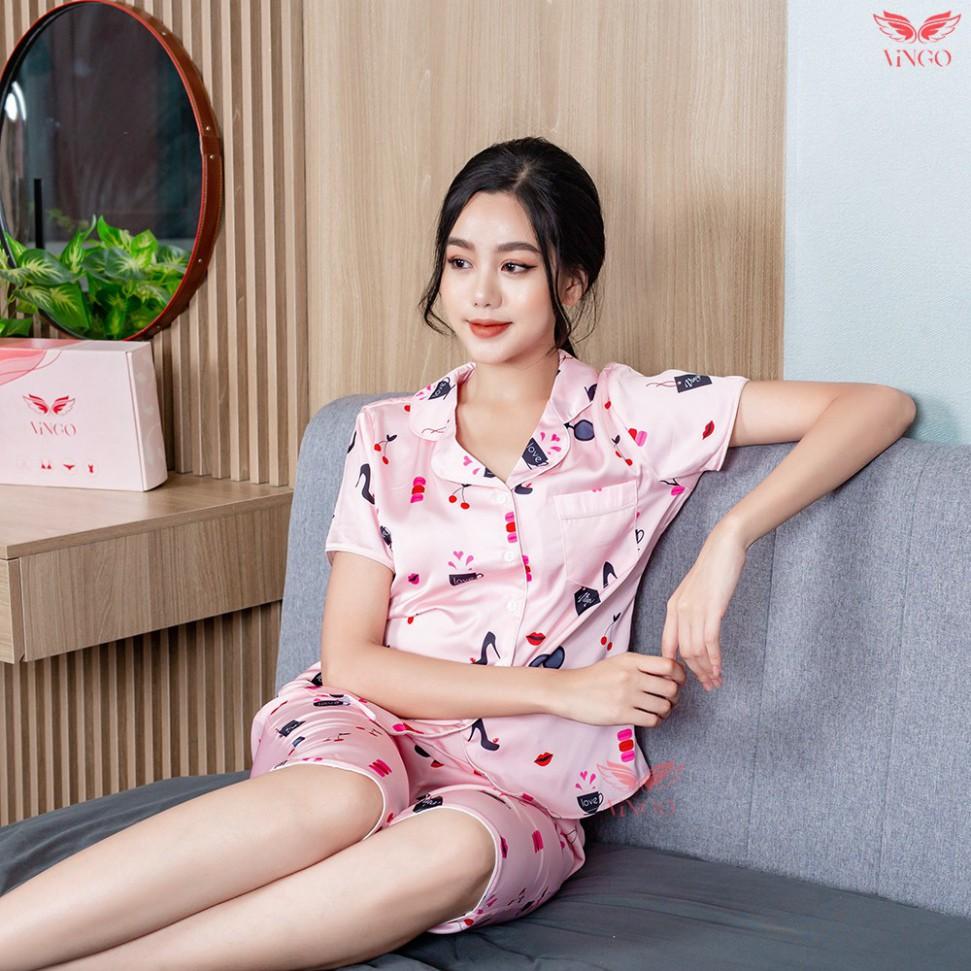 VINGO Bộ Đồ Mặc Nhà Nữ Kiểu Pijama Lụa Pháp Cao Cấp Tay Cộc Quần Lửng Họa Tiết Guốc Kính Hồng H194 VNGO