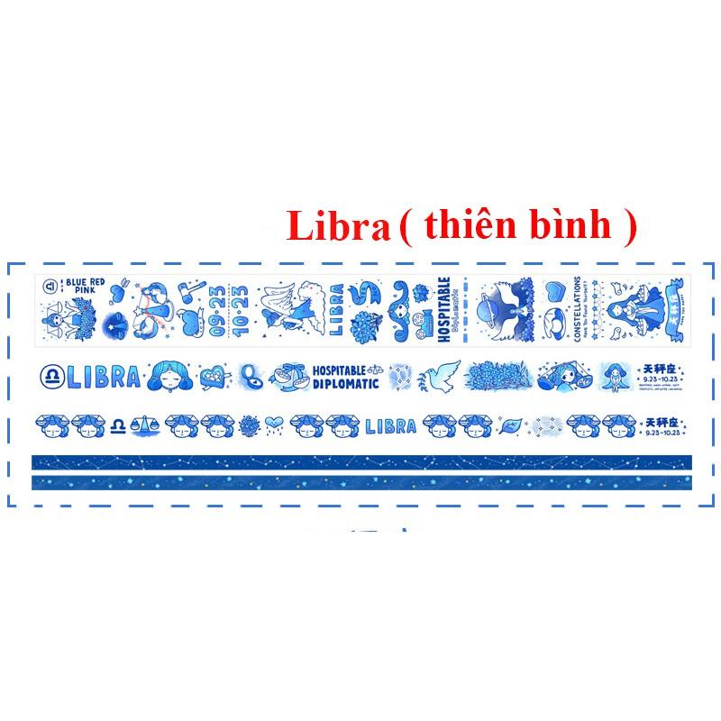 Set 5 cuộn băng dính - washi tape 12 cung hoàng đạo blue trang trí sổ