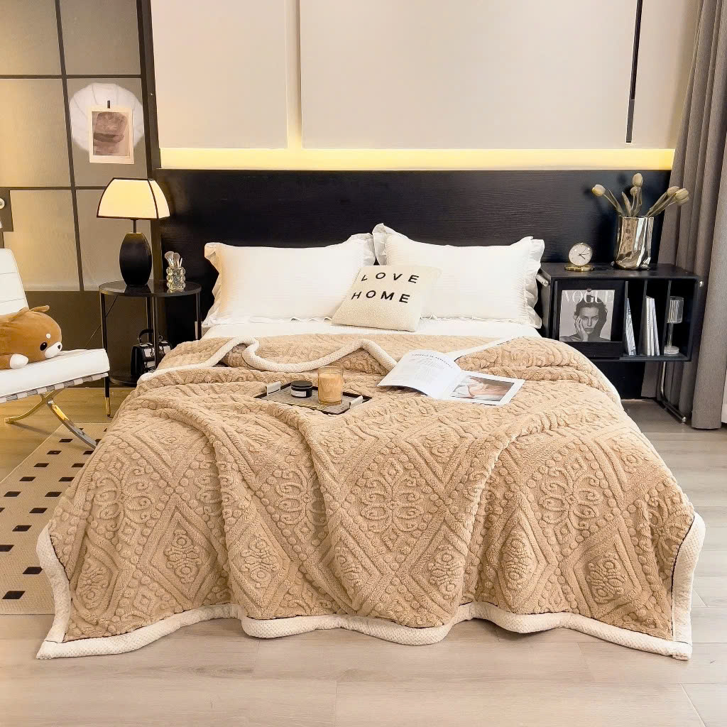 Chăn lông cừu len LIDACO siêu ấm cỡ lớn 2mx2m3 mặt trên len thêu mặt dưới lông cừu kèm túi đựng