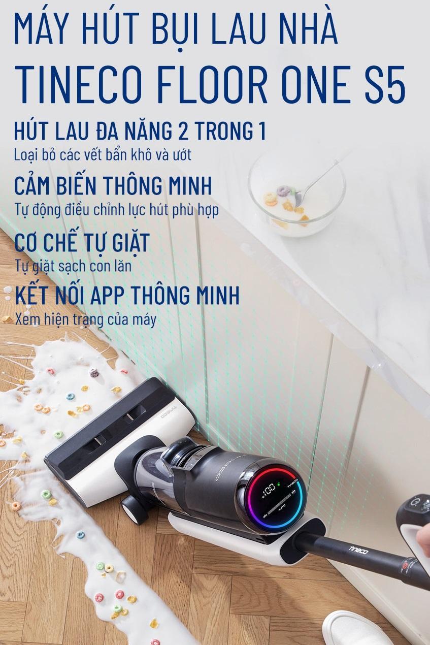 Máy Hút Bụi Lau Sàn Nhà Không Dây Thông Minh TINECO FLOOR ONE S5, Lực Hút 15k PA, Pin Trâu, Kết Nối App, Nhập Đức