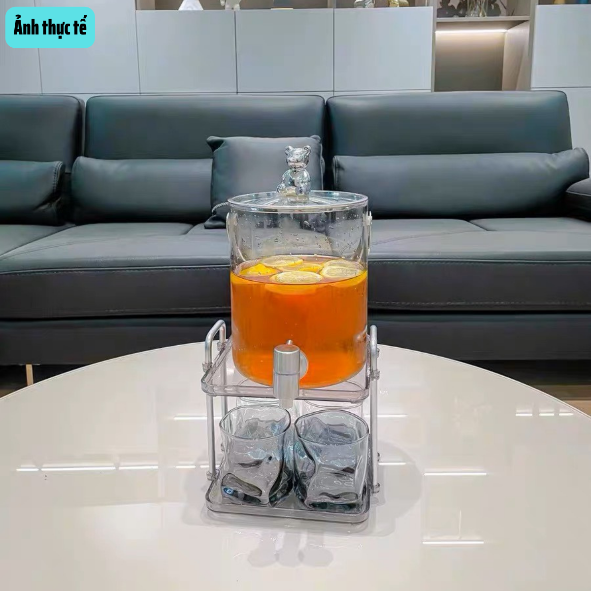 Bộ bình nước thủy tinh dung tích 3000ml, Bộ ly thủy tinh Borosilicate, Hình gấu màu bạc, có giá đỡ màu bạc sang trọng