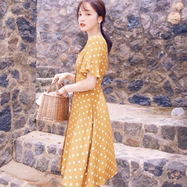 Đầm Xoè Ngắn Bi Vàng Cam