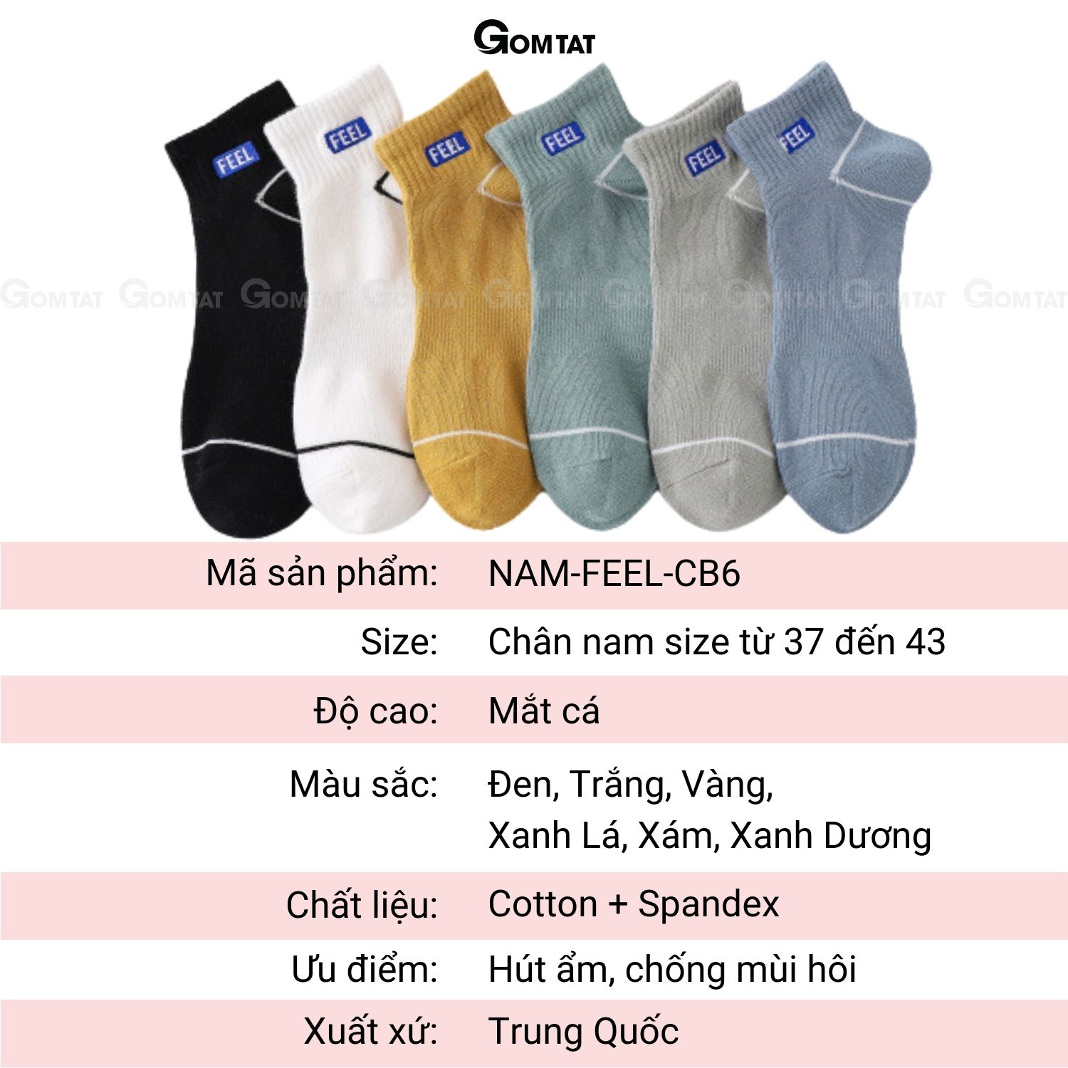 Set 6 đôi tất vớ nam cổ ngắn GOMTAT cao cấp mẫu Feel, chất liệu cotton mềm mại thoáng mát cực êm chân - NACN-FEEL-CB6