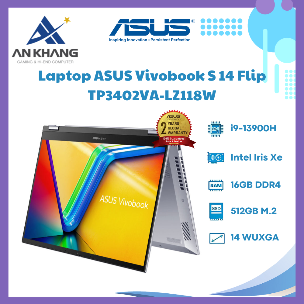 Laptop Asus Vivobook S 14 Flip TP3402VA-LZ118W (Intel Core i9-13900H | 16GB | 512GB | Intel UHD | 14.0-inch WUXGA | Cảm ứng | Win 11 | Bạc) - Hàng Chính Hãng - Bảo Hành 24 Tháng