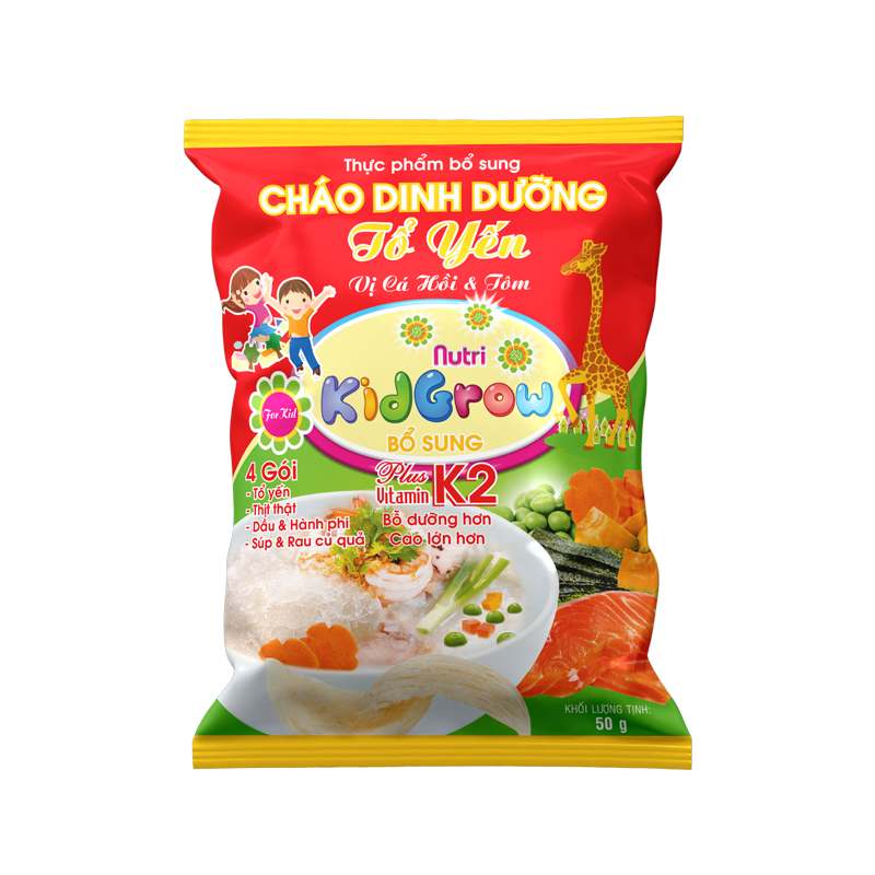 Cháo Dinh Dưỡng Tổ Yến Nutri Kidgrow Vị Cá Hồi &amp; Tôm Bổ Sung Vitamin K2 - Khánh Hòa Nutrifoods -Gói 50 Gram / Thùng 30 Gói