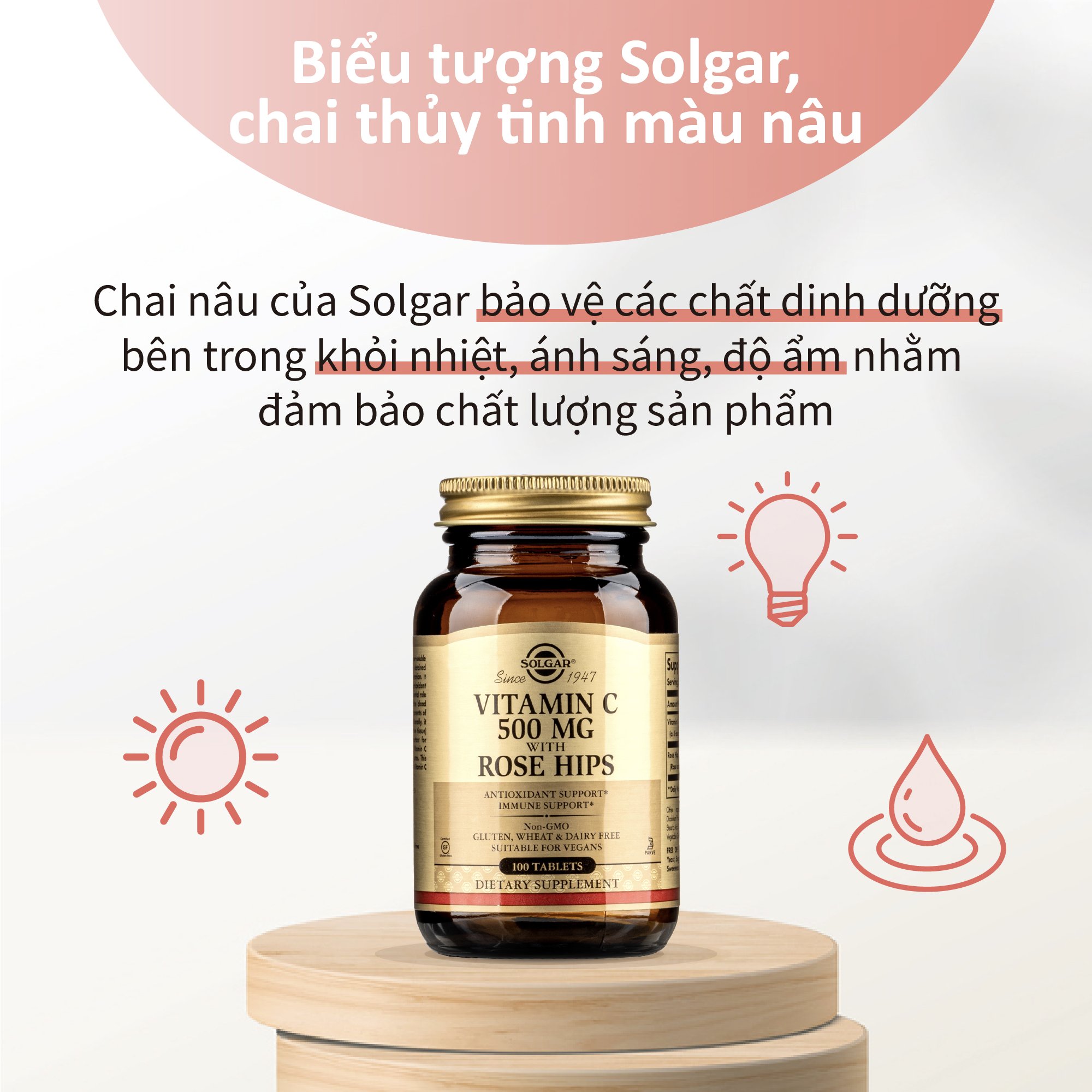 Viên Uống Bổ Sung Vitamin C, Tăng Đề Kháng, Chống Oxy Hóa với Dầu Tầm Xuân Solgar Vitamin C 500mg With Rose Hips (Hộp 100 Viên)