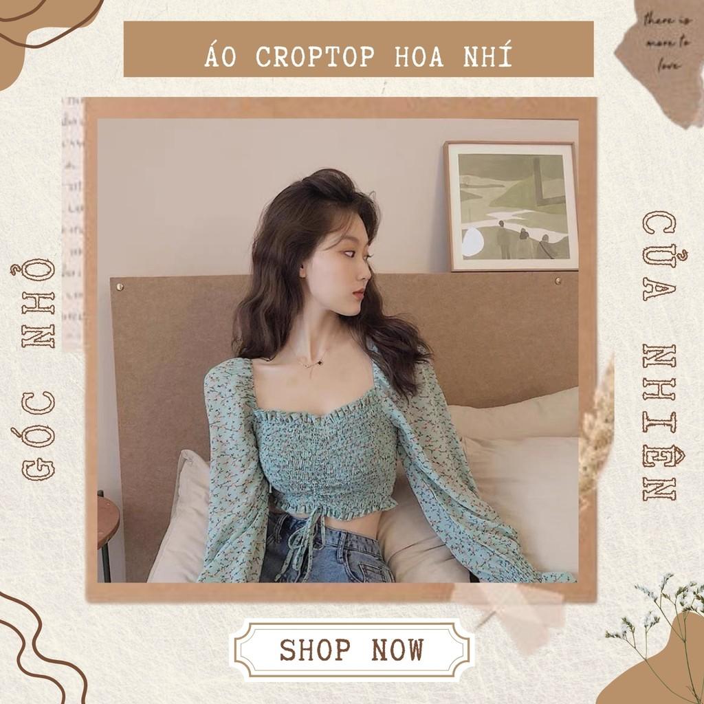 Áo Croptop Cổ Vuông Trễ Vai Hoa Nhí Tay Dài Dây Rút Quảng Châu