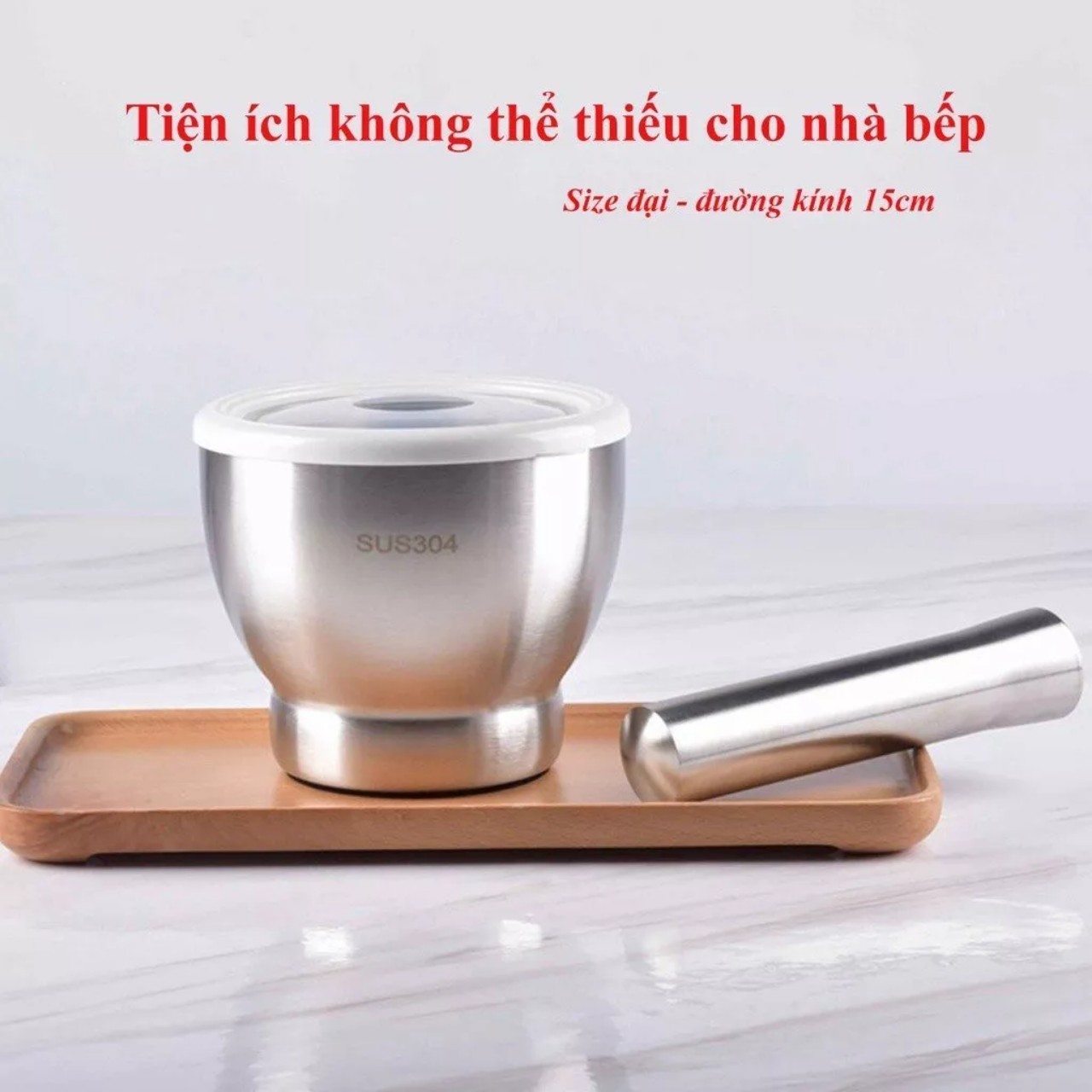 Bộ Chày Cối Inox 304 Nguyên Khối Không Vết Hàn Có Nắp Đậy Kèm Chày Dã Đồ Cực Nhuyễn Mịn Cho Gia Đình - Không Han Gỉ Bảo Hành Trọn Đời