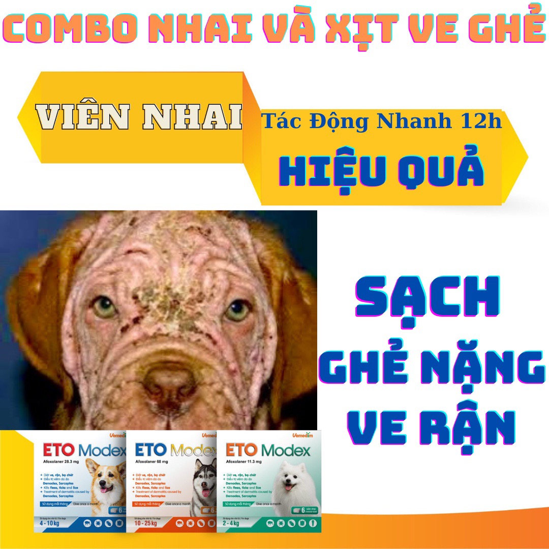 COMBO Viên Nhai Diệt Ve Ghẻ Nặng ETO MODEX Và Lọ PET AMOR Xịt Nấm Ghẻ Chó Mèo