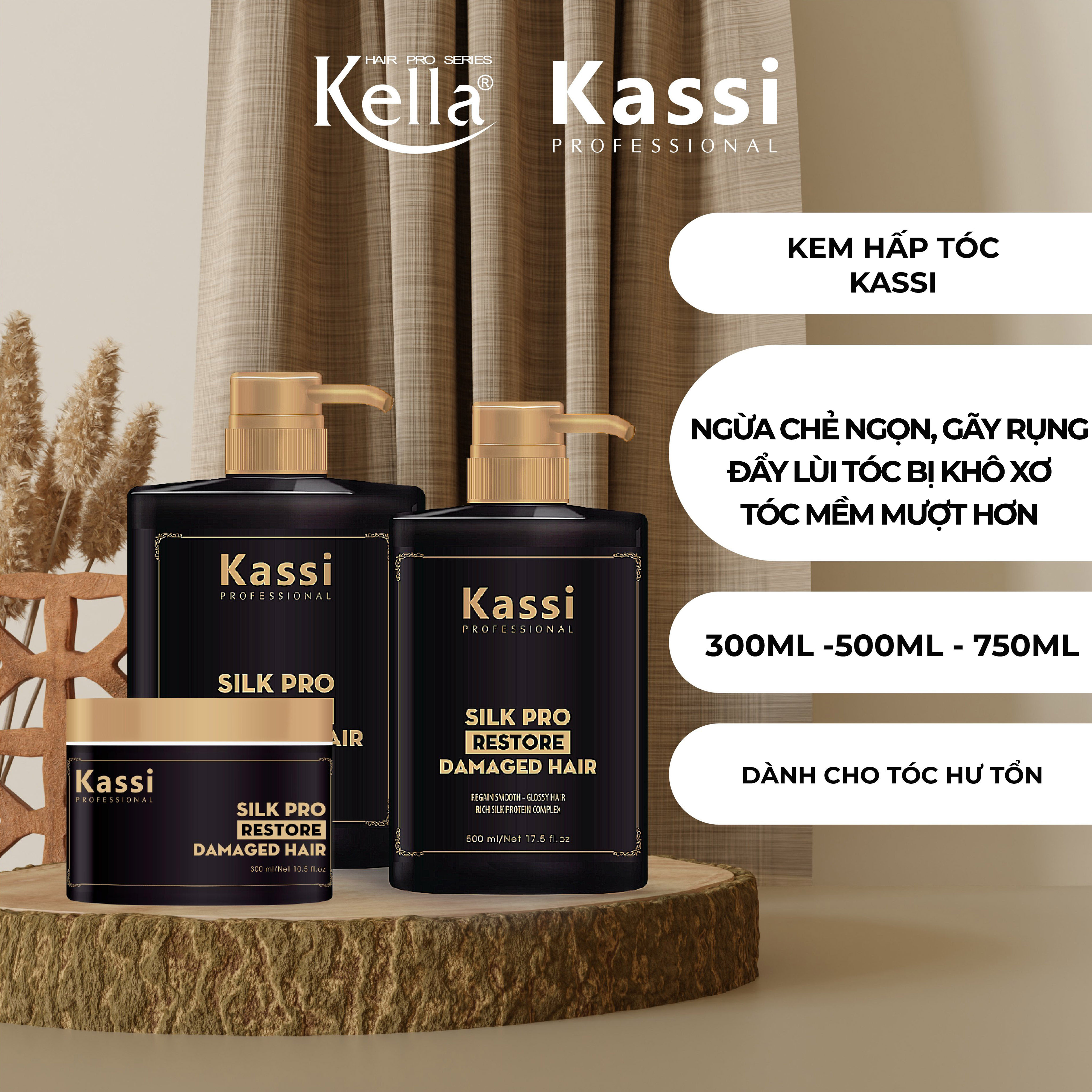 Combo kem hấp dầu tóc Kassi Silk Pro (Chai 300ml/500ml/750ml)