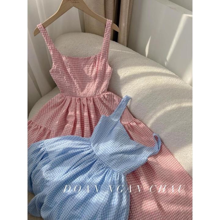 Đầm 2 dây to dáng dài tiểu thư, váy bầu bí đi biển tầng xoè vải kẻ xốp siêu xinh đẹp
