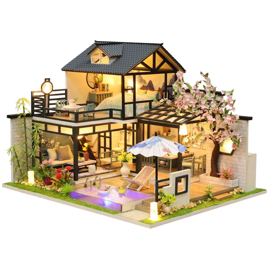 Wooden Dollhouse with Lights and Furniture Accessories, DIY Romantic Creative Villa House Room Set Gift for Ages 3+