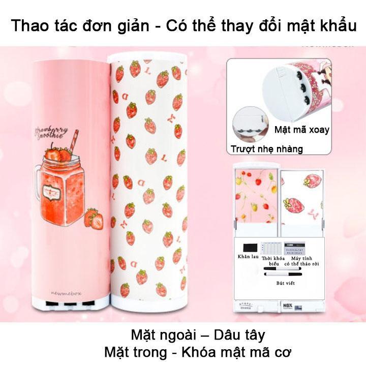 Hộp bút hiện đại thông minh có mật khẩu xoay số in hình Dâu Tây