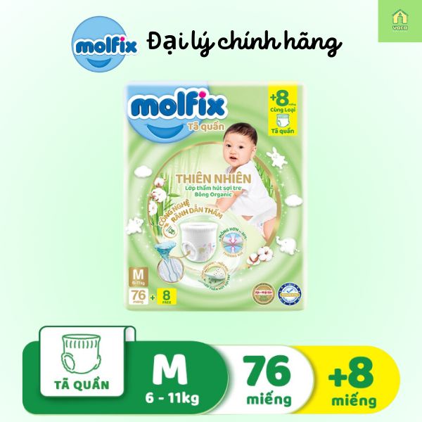 Tã/bỉm quần Molfix Thiên nhiên Ultra M (6kg - 11kg) - Gói 76+8 miếng