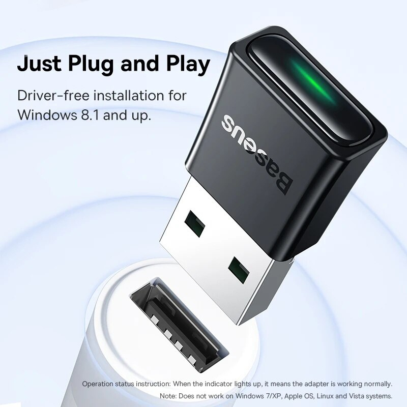 Usb Blueeoth 5.3 Tốc Độ Cao Kết Nối 5 Thiết Bị Cùng Lúc Baseus BA07 Bluetooth Receiver Dùng Cho Win 8.1 Trở Lên - Hàng Chính Hãng