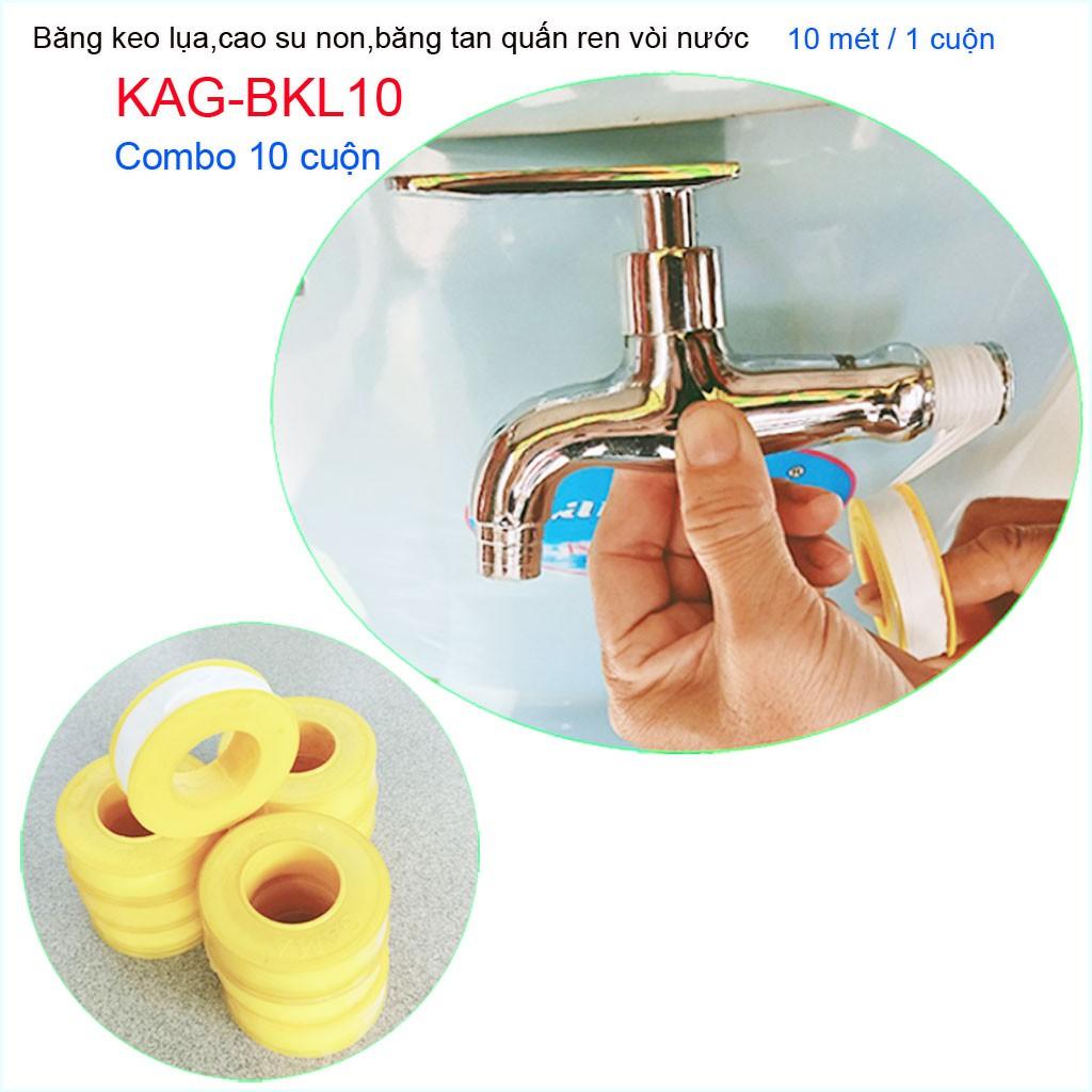 Combo10 hộp băng keo lụa 10m, combo10 cuộn cao su non 10 meters quấn ống nước KAG-BKL10
