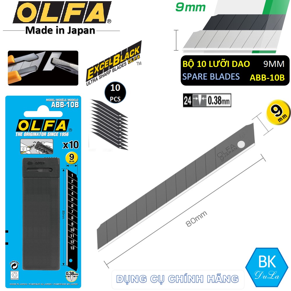 [Hàng Nhật] Bộ 10 Lưỡi dao cắt- dao rọc giấy EXCEL BLACK  9mm Nhật Olfa ABB-10B- Màu đen
