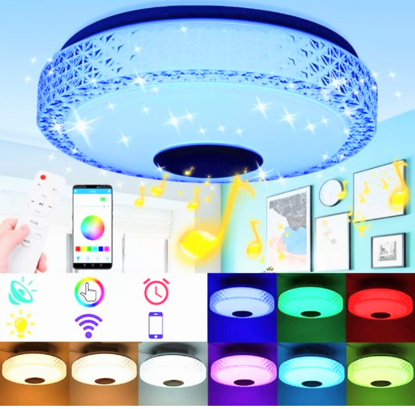 BỘ ĐÈN ỐP TRẦN ĐỔI MÀU SẮC ĐIỀU KHIỂN TỪ XA NHẤP NHÁY THEO NHẠC CÓ LOA NGHE CỰC HAY CHUẨN MẪU MỚI HÀNG CHUẨN