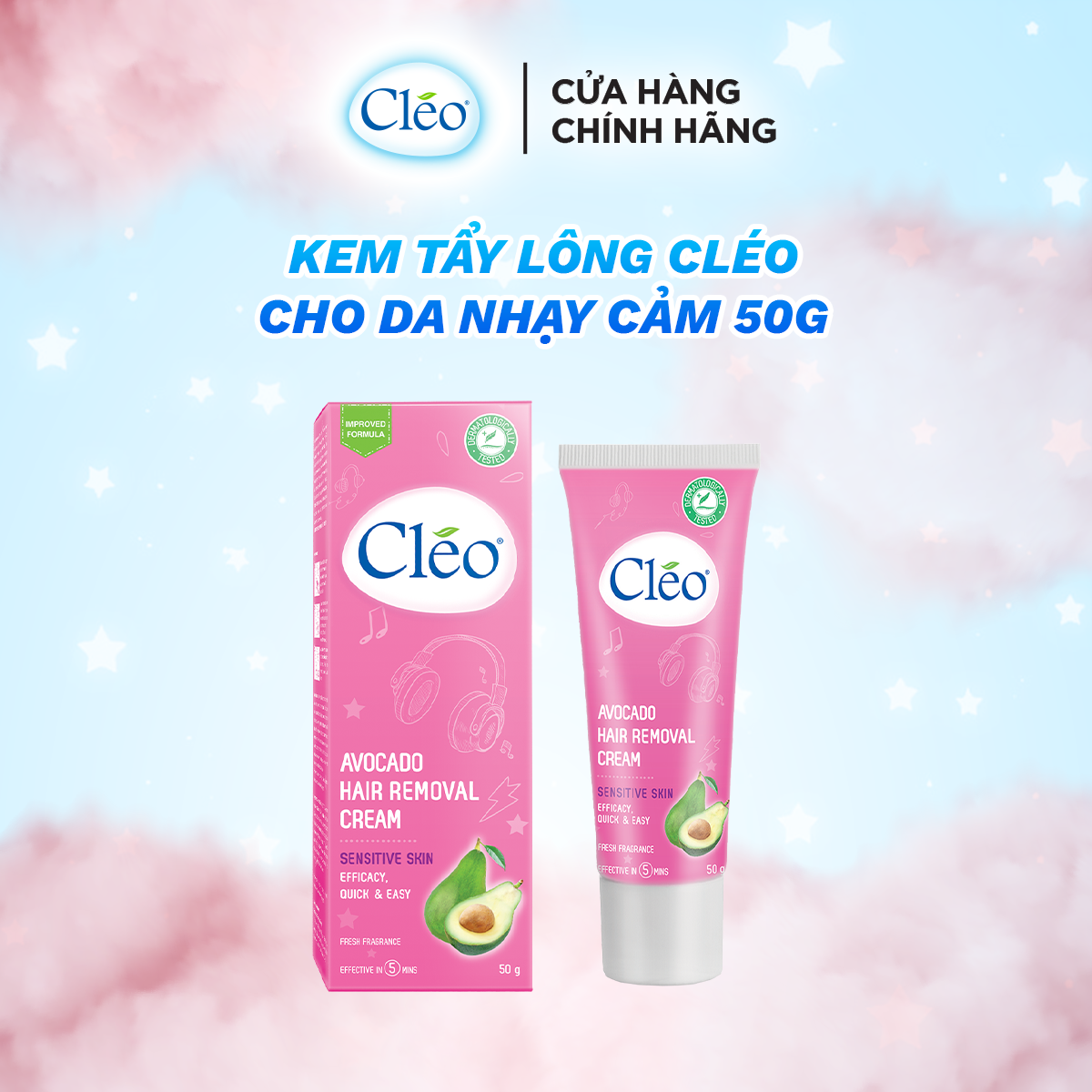 Combo tẩy lông Bikini Cléo, an toàn,hiệu quả trong 8 phút 50g và tẩy lông nách Cléo da nhạy cảm 50g